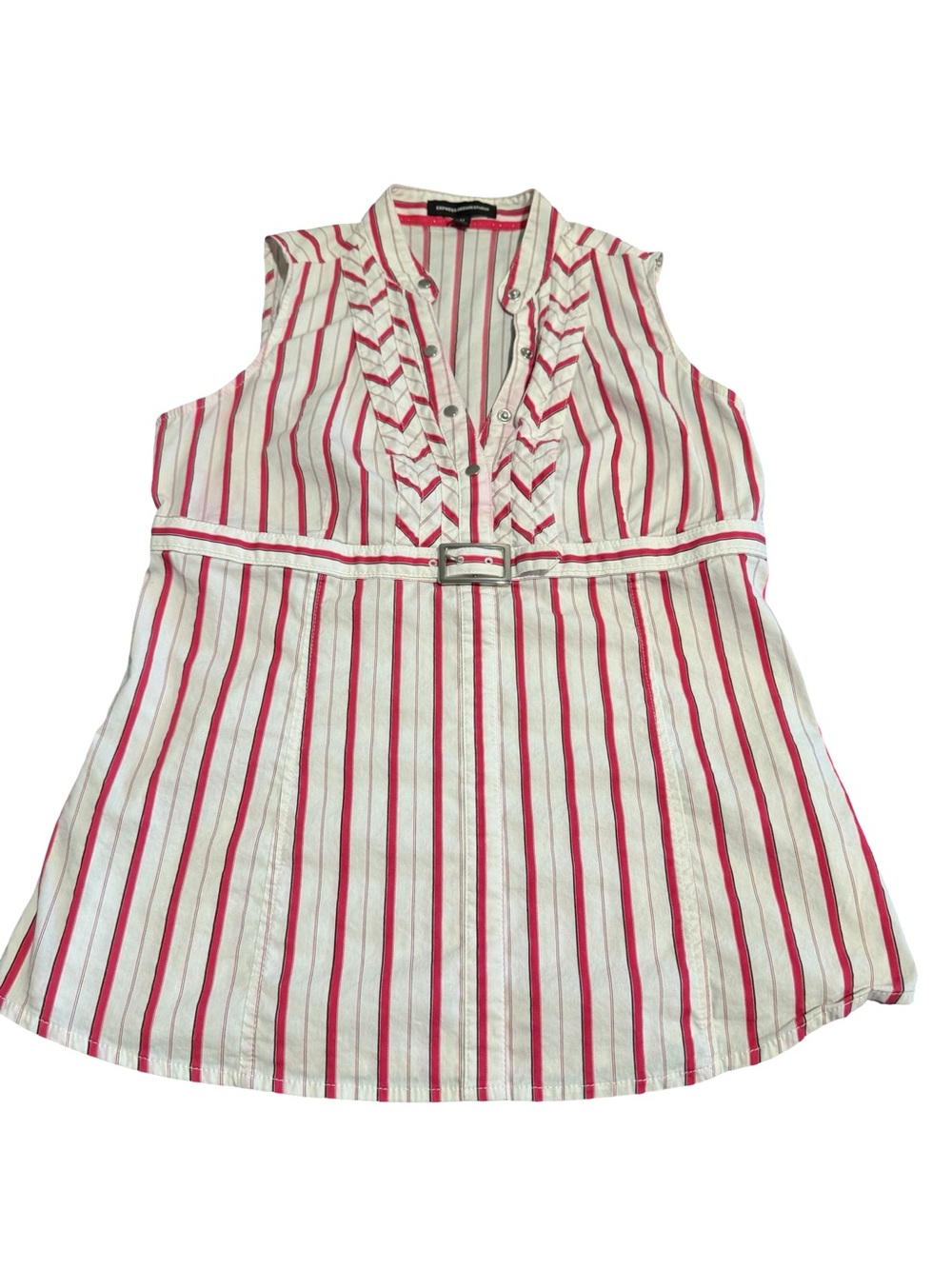 Y2K Express Pink & White Striped Ruffle-Front Belted Tunic